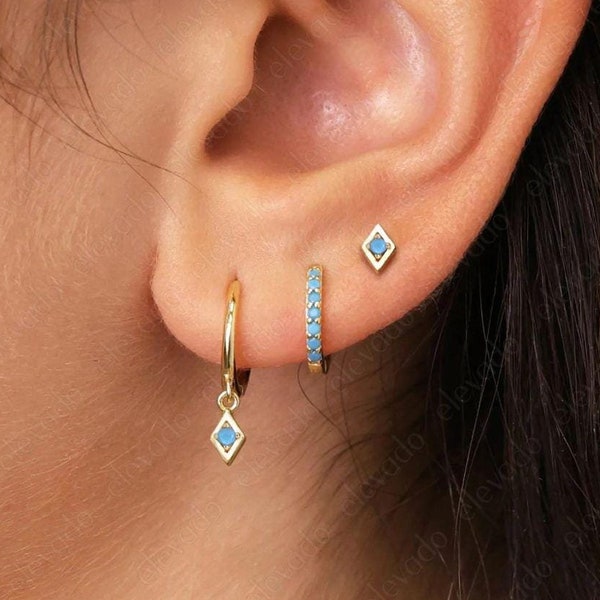 Set di orecchini in argento sterling con turchese • Orecchini a cerchio pendenti, pietra portafortuna