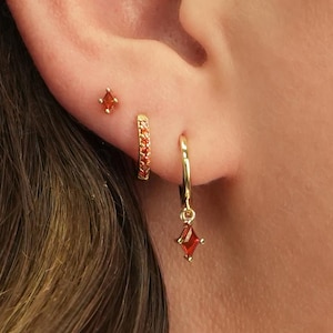 Classic Garnet Diamond Hoop Earring Set • gift for her • minimalist dainty earrings • christmas gift • personalized everyday jewelry