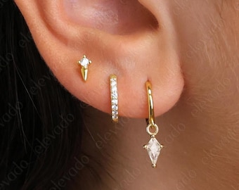 Diamond Kite Huggie Hoop Earring Set: Sterling Silver Dainty Hoops