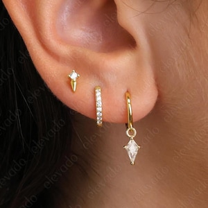 Diamond Kite Huggie Hoop Earring Set: Sterling Silver Dainty Hoops