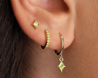 Apple Green Diamond Sterling Silver Huggie Hoop Earring Set