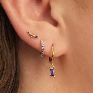 Amethyst Earring Gift Stack Set •  birthstone personalized gift for her • bridesmaid gift • gift for mom • gold hoops • baguette stone hoops