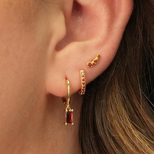 Garnet Birthstone Earring Gift Stack Set •  personalized gift for her • bridesmaid gift • gift for mom • gold hoops • baguette stone hoops
