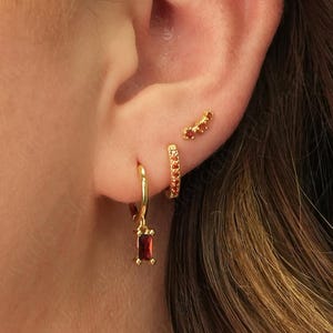 Garnet Huggie Hoop Earring Gift Stack Set •  personalized gift for her • bridesmaid gift • gift for mom • gold hoops • baguette stone hoops