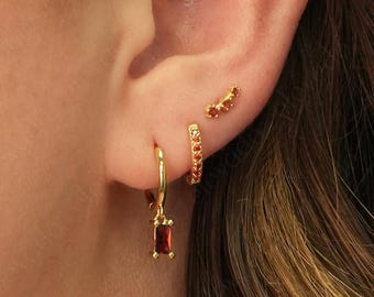 Garnet Huggie Hoop Earring Gift Stack Set •  personalized gift for her • bridesmaid gift • gift for mom • gold hoops • baguette stone hoops