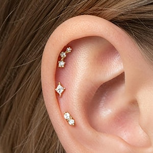 Diamond Flat Back Earring Set: 16G/18G Gold Plated Sterling Silver Helix Tragus Conch