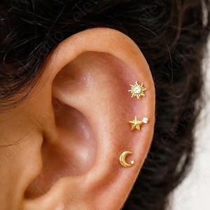Celestial Earring Set: 16G/18G Gold Plated Sterling Silver Star, Moon, Sun