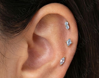 Set of 3 • 18G/16G Blue Zircon Flat Back Labret Earring Stack • Cartilage Helix Earrings • Tragus Earring • Conch Earring • Stacking Earring