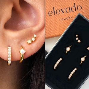 Fire Opal Everyday Ear Stack Set • gift for her • gold opal hoop earrings • minimalist earrings • elevado jewelry