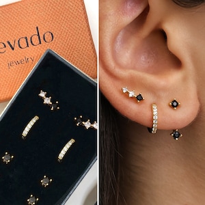 Black x CZ Earring Gift Set • Front Back Earring • Huggie Hoop Earrings • earring set • gift ready • gift for her • gift for mom