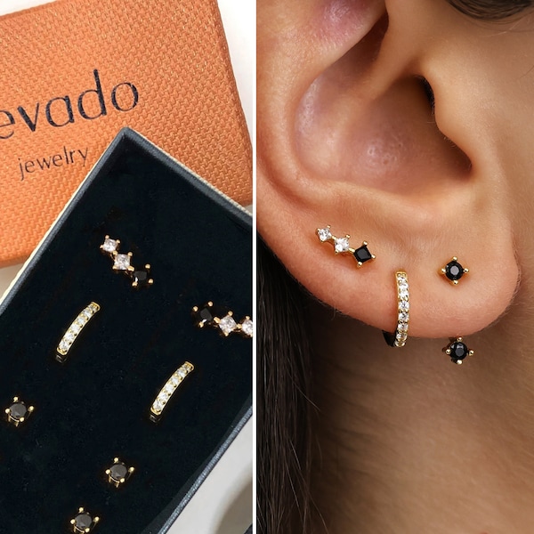 Black x CZ Earring Gift Set • Front Back Earring • Huggie Hoop Earrings • earring set • gift ready • gift for her • gift for mom
