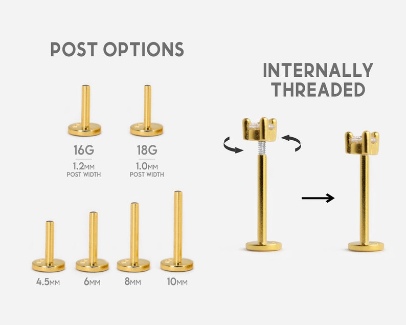 Op de afbeelding: Gouden labret-stud met interne schroefdraad en een heldere steen. De pen is verkrijgbaar in 16 gauge (1,2 mm) en 18 gauge (1,0 mm) en lengtes van 4,5 mm, 6 mm, 8 mm en 10 mm.