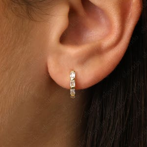 Paved Baguette Cut Huggie Hoop Earrings • small hoop earrings • tiny hoop earrings • dainty hoops • tiny hoops • huggie hoop earrings