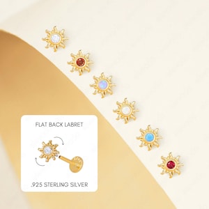 Pendiente de labio con rosca interna Tiny Sun de 18G/16G • Pendiente de cartílago • Trago • Pendiente de caracola • Pendiente de cartílago de sol • Pendiente de labio con parte posterior plana
