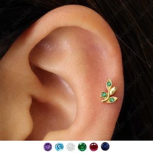 Labret à dos plat, filetage intérieur, feuille d'émeraude 18 g/16 g • Argent sterling 925 • clou tragus • boucles d'oreilles conques • clou en hélice de cartilage