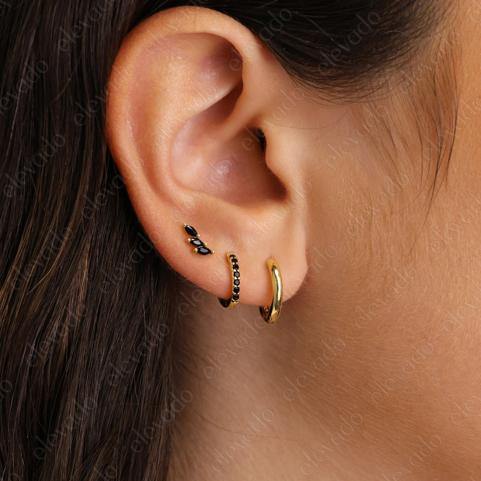 Black Onyx Huggie Hoop Earring Stack Set • gift for her • bridesmaid gift • christmas gift • gold hoop earrings • minimalist earring