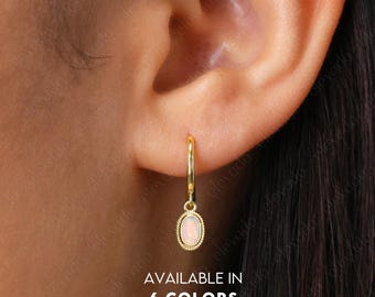Fire Opal Dangle Hoop Earrings • 18k Gold Plated Sterling Silver