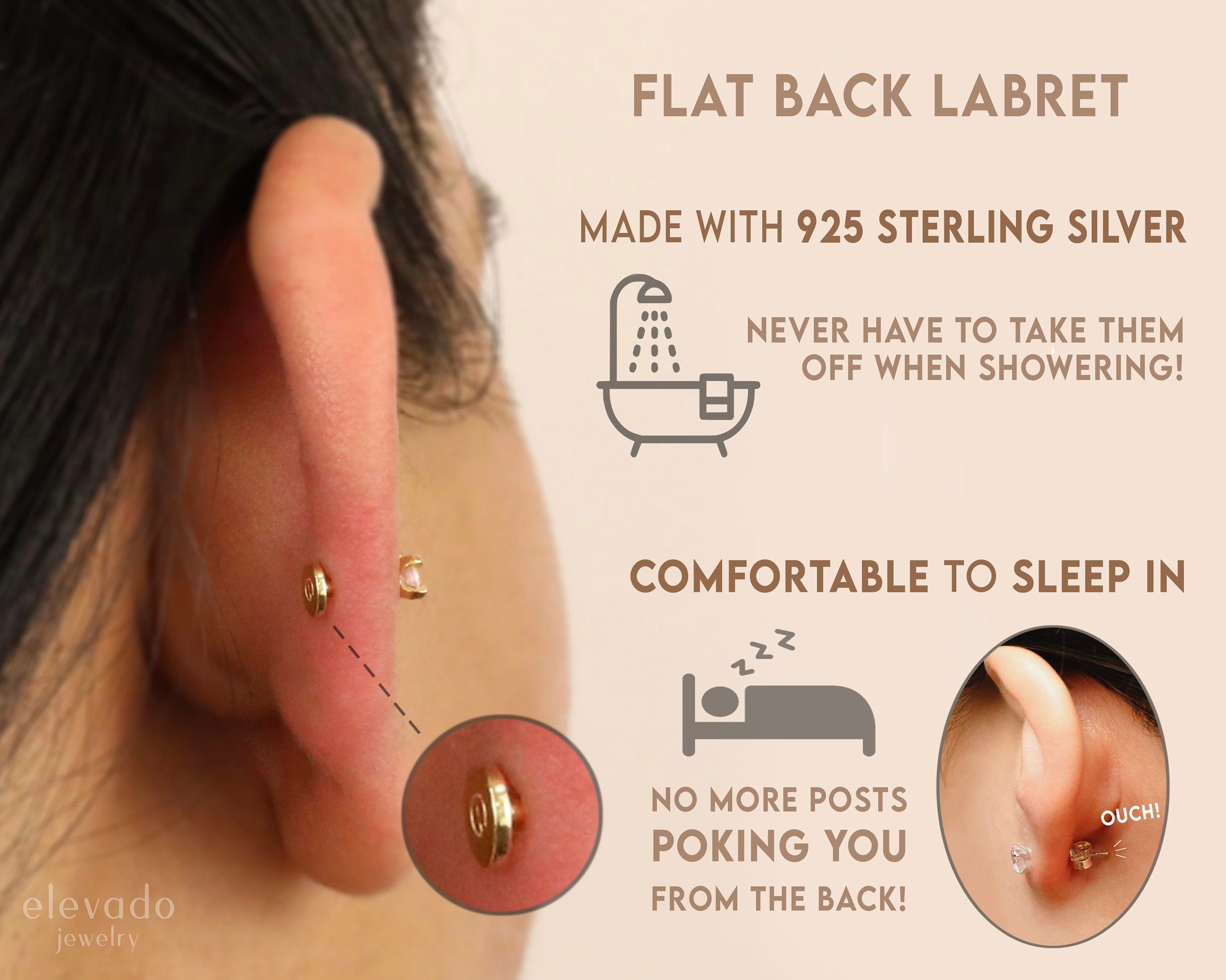 18g Helix piercing titanium flat back earring stud 5/16 length tragus –  Siren Body Jewelry