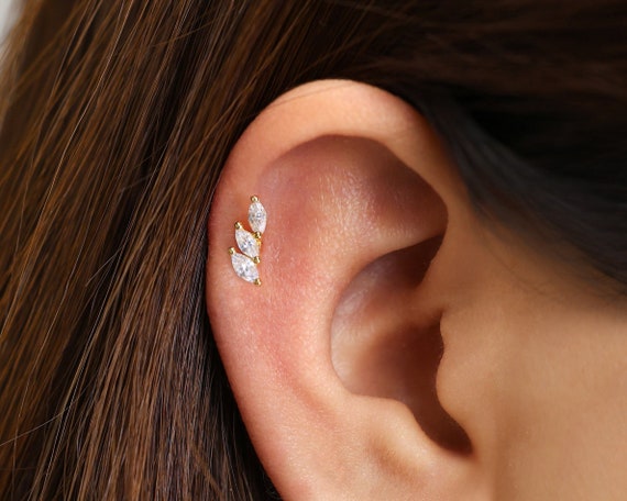 16g Dainty Flower helix double chain ear stud, Flat back chain hoop  cartilage piercing earring, 316l surgical steel, Labret bar(optional), 1pc  - Pierced Pretty