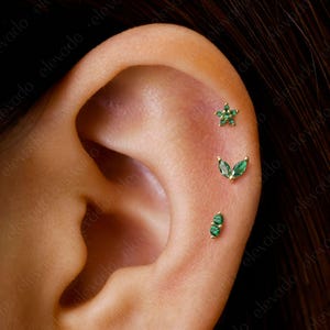 Set of 3 • 16G/18G Emerald Floral Earring Set • Marquise Cartilage Earrings • Marquise Helix Earrings • Tragus Earring • Conch Earring