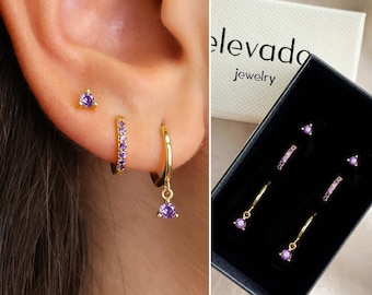 Amethyst Huggie Hoop Gift Set • Dainty Hoop Earrings • earring set • gift ready • gift for her • gift for mom • gift set