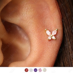 Perno prisionero de labio con rosca interna de mariposa rosa de 18G/16G • Pendiente de cartílago • Trago • Perno prisionero de caracol • Perno prisionero de cartílago • Labret con parte posterior plana