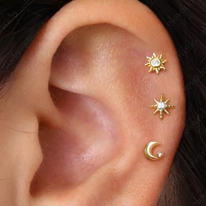 Set of 3 • 16G/18G Celestial Flat Back Earring Set • 925 Sterling Silver • Celestial Cartilage Earrings • Helix Earrings • Tragus Earrings