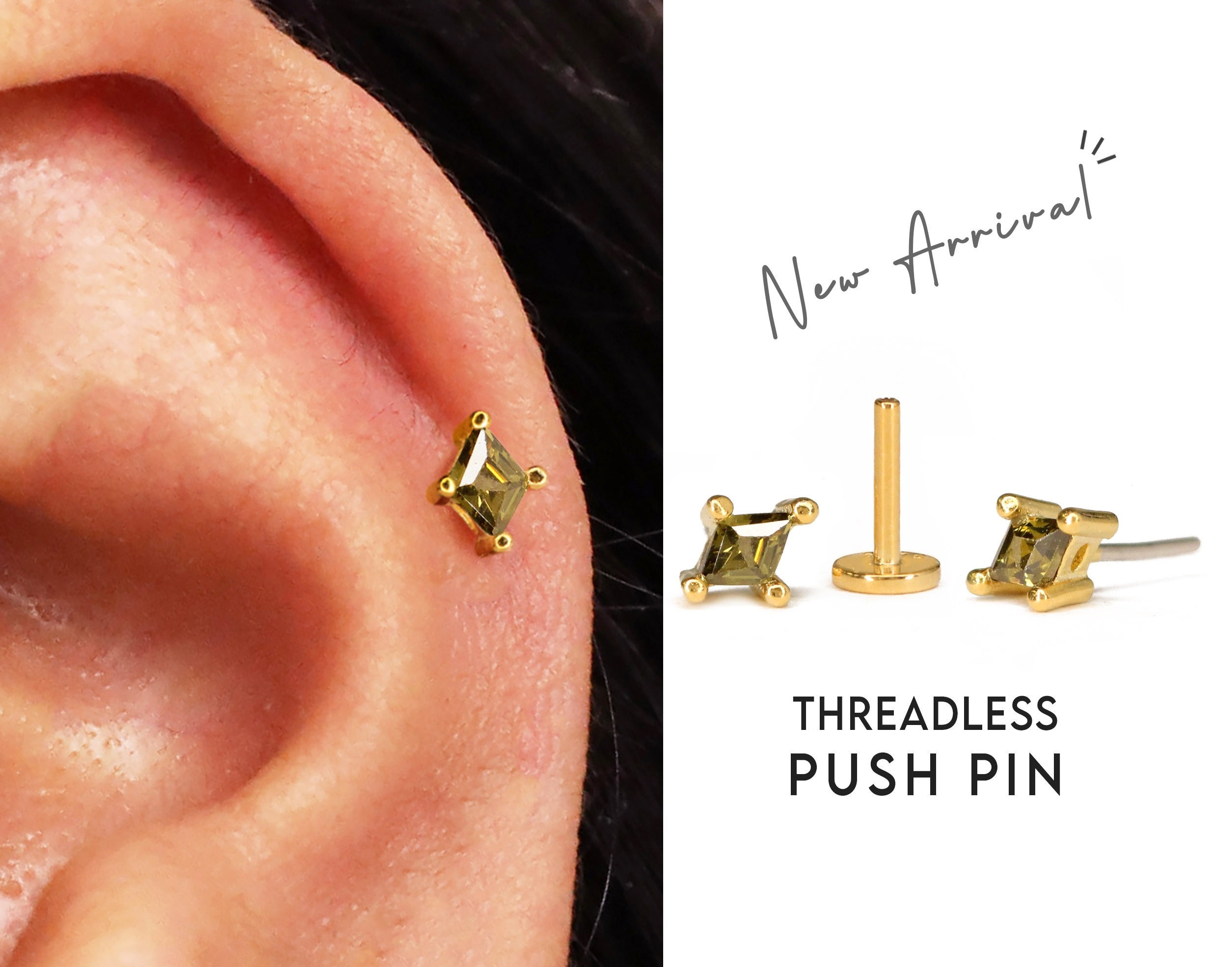 20G/18G Peridot Diamond Cartilage Threadless Push Pin Earrings • gold conch earring • tiny cartilage stud • helix• tragus studs • flat back