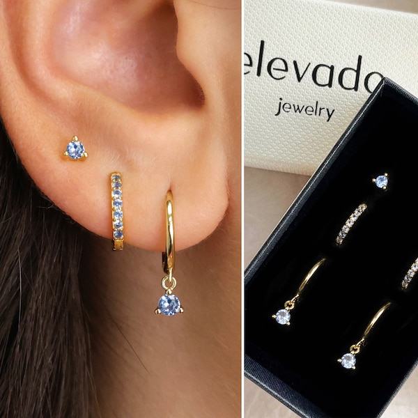 Blue Zircon Huggie Hoop Earring Set • gift for her • minimalist dainty earrings • christmas gift • personalized everyday jewelry