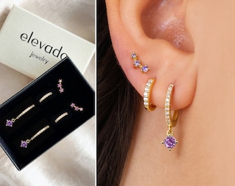 Amethyst Dangle Earring Gift Set • Birthstone Earrings • Huggie Hoop Earrings • earring set • gift for her • gift for mom • holiday gift set