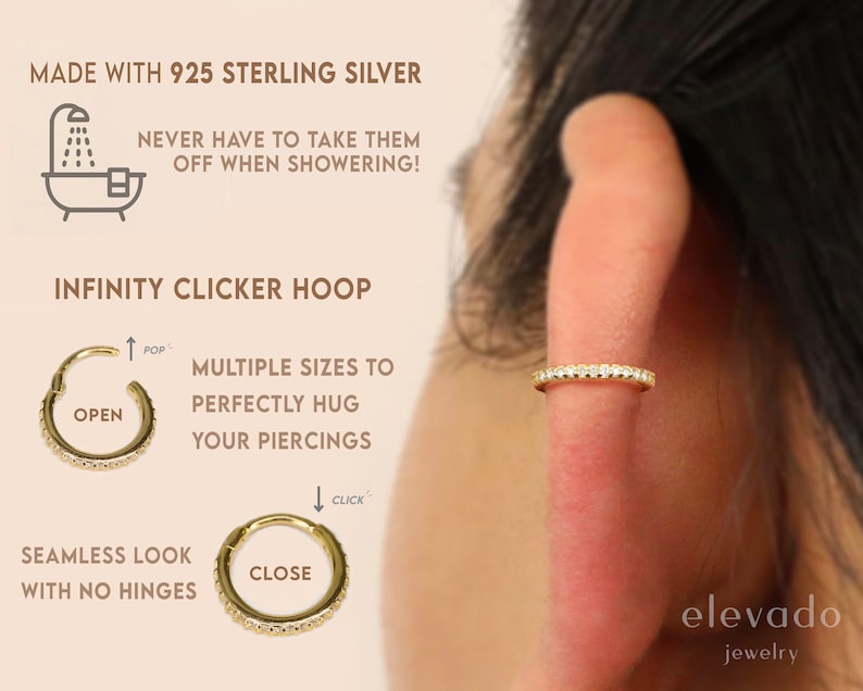 May include: A gold-colored infinity clicker hoop earring with small, clear stones. The earring is shown on an ear, with text indicating it's made with 925 sterling silver and can be worn while showering. The earring has a seamless look with no hinges.