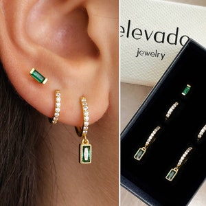 Emerald Baguette Dangle Earring Gift Set • Gemstone Earrings • Huggie Hoop Earrings • earring set • gift for her • gift for mom • gift set