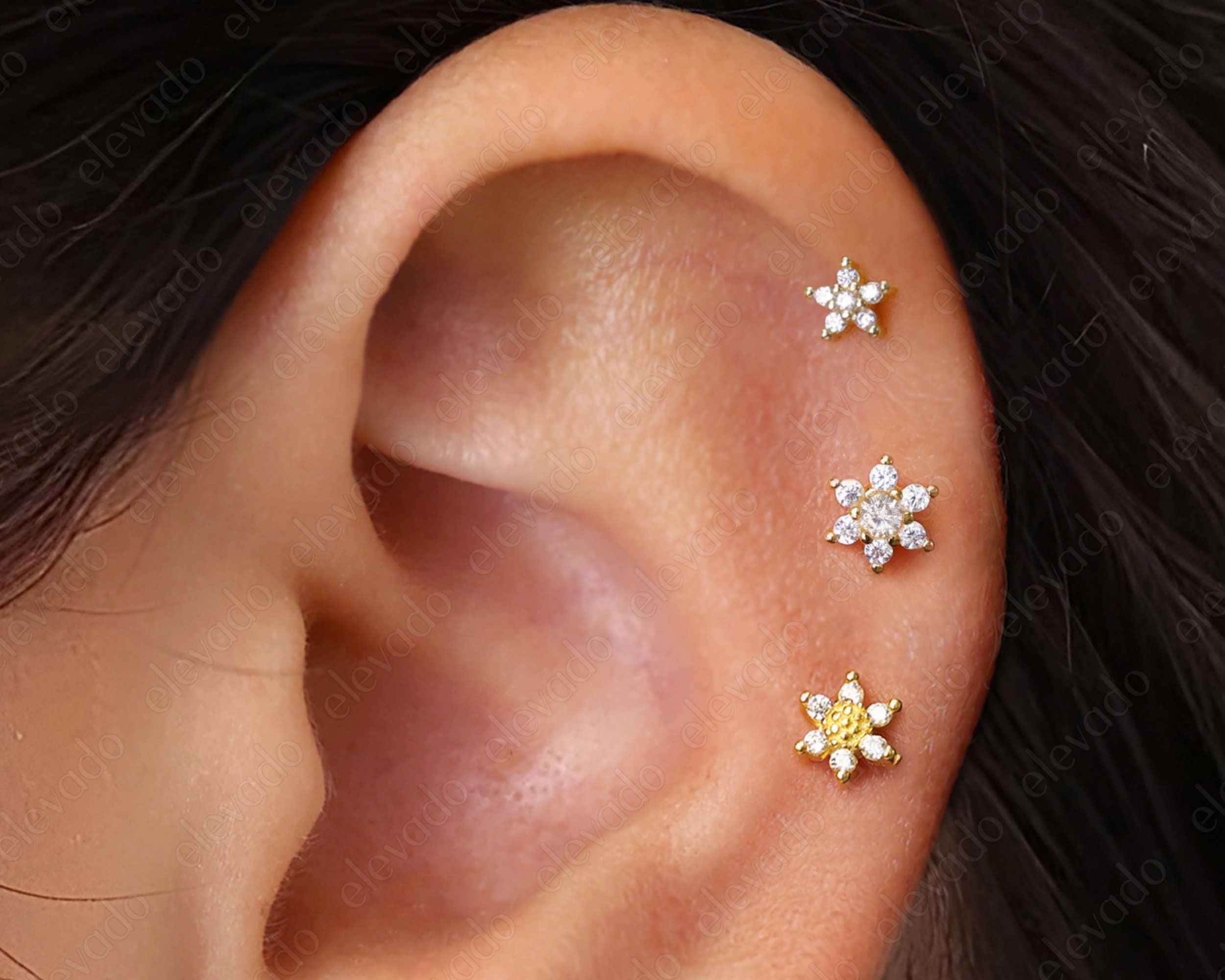 Set of 3 • 16G/18G Diamond Floral Flat Back Earring Set • 925 Sterling Silver •Flower Cartilage Earrings • Helix Earrings •Tragus Earrings