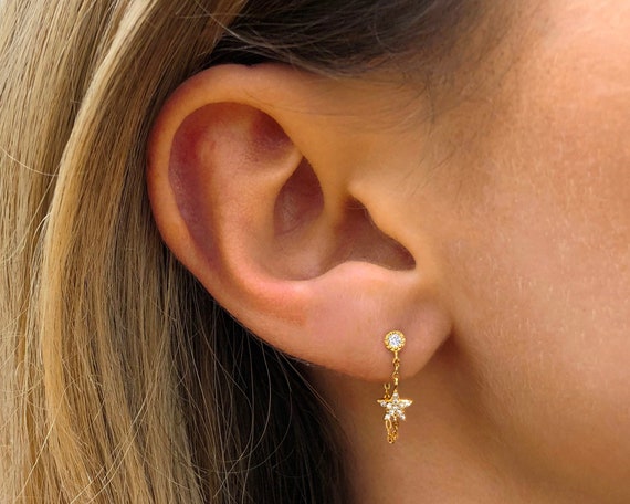Star Chain Dangle Earrings Chain Stud Earrings Gold Star Etsy