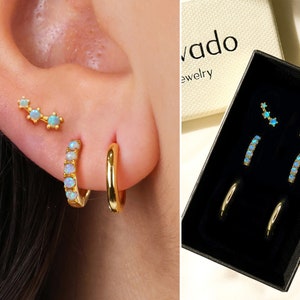 Blue Opal Huggie Hoop Earring Gift Set • earring set • gift ready • gift for her • gift for mom • small hoops • minimalist jewelry