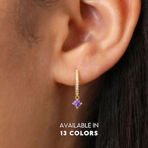 Amethyst Dangle Charm Hoop Earrings • birthstone earrings • gold hoop earrings • elevado jewelry