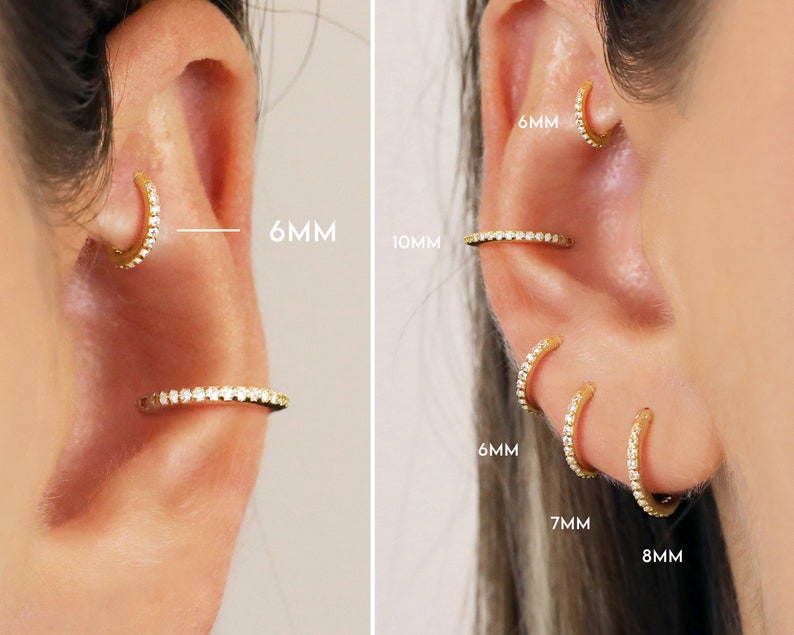 May include: Close-up of ears with gold-colored hoop earrings. The earrings are adorned with small, clear gemstones. The image shows different sizes: 6mm, 7mm, 8mm, and 10mm. The earrings are displayed on the ear.