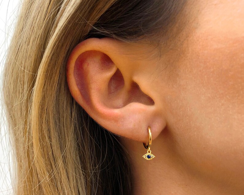 Tiny Eye Hoop Earrings Evil Eye Earrings Eye Charm Gold Etsy