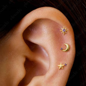 Set of 3 • 16G/18G Amethyst Celestial Flat Back Earring Set • Star Cartilage Earrings • Moon Helix Earring • Tragus Earrings • Conch Earring