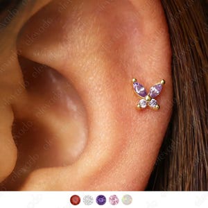 18G / 16G Amethyst Schmetterling Innengewinde Labret Bolzen • Knorpelohrring • Tragus • Muschel Ohrstecker • Knorpel Ohrstecker • Flachrück Labret