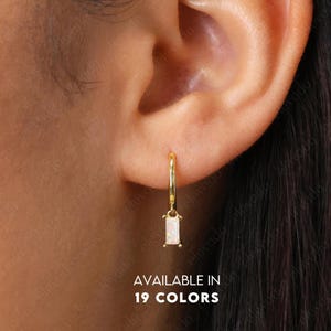 NEW ‣ Fire Opal Baguette Hoop Dangle Earrings • Opal hoops • gold hoop earrings • delicate opal earrings • minimalist hoops