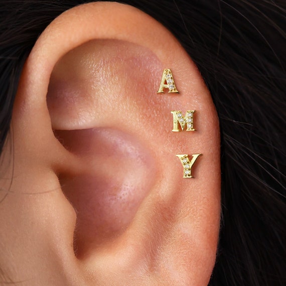 Surgical Steel Paved Ball Back Initial Letter Ear Cartilage Tragus Helix Stud Surgical Steel Paved Ball Back Initial Letter Ear Cartilage Tragus Helix Stud