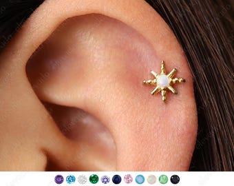 18G/16G Fire Opal Star Flat Back Labret Stud • Cartilage Earring • Tragus Stud • Helix Piercing • Nose Piercing • Elevado Jewelry