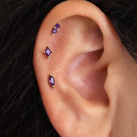 Amethyst Flat Back Labret Earring Set 18G 16G Amethyst Cartilage Helix Earrings Tragus Earrings conch Earring Stacking Earrings Etsy