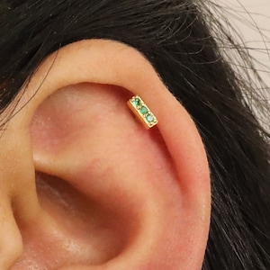 18G Emerald Tiny Bar Cartilage Gold Stud Earring • conch earring • tiny earrings •  cartilage stud • helix stud • tragus studs • screw back