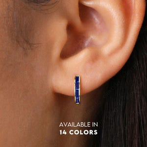 Sapphire Paved Baguette Hoop Earrings • baguette hoops • gold sapphire hoop earrings • delicate paved earrings • minimalist hoops