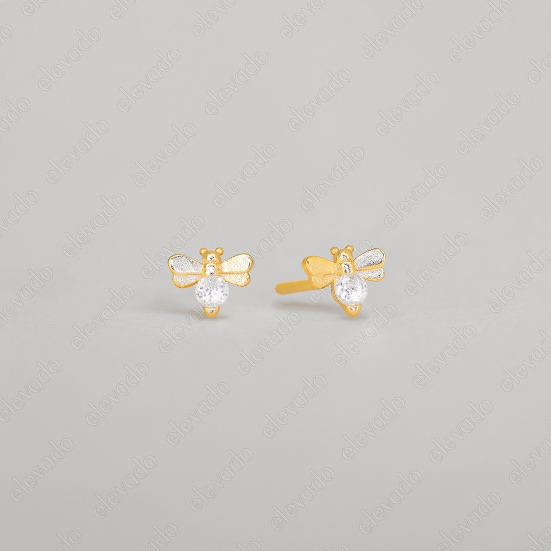 Tiny Bee Stud Earrings • CZ Honeybee Dainty Earrings • Minimalist