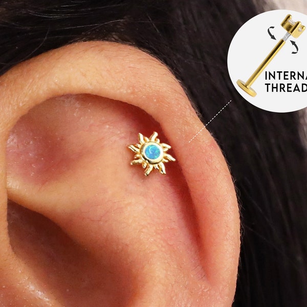 18G/16G Tiny Blue Opal Sun Internally Threaded Labret Stud • Cartilage Earring • Tragus • Conch Stud • Sun Cartilage Stud • Flat back Labret