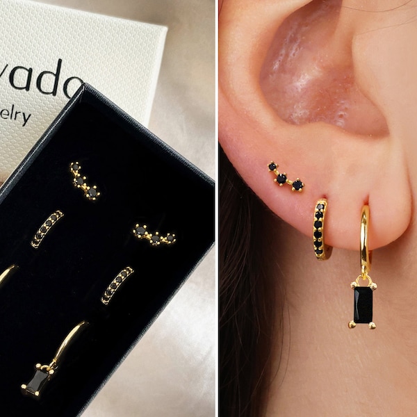 Black Baguette Cut Dangle Earring Gift Set • Hoop Earrings • Huggie Hoop Earrings • earring set • gift for her • gift for mom • gift set
