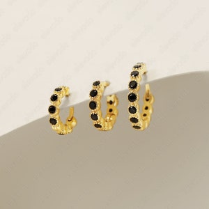 Black Onyx Huggie Hoops • cartilage hoop • rook hoop • gold hoop earrings • black onyx earrings • huggie hoop earrings • stacking earrings